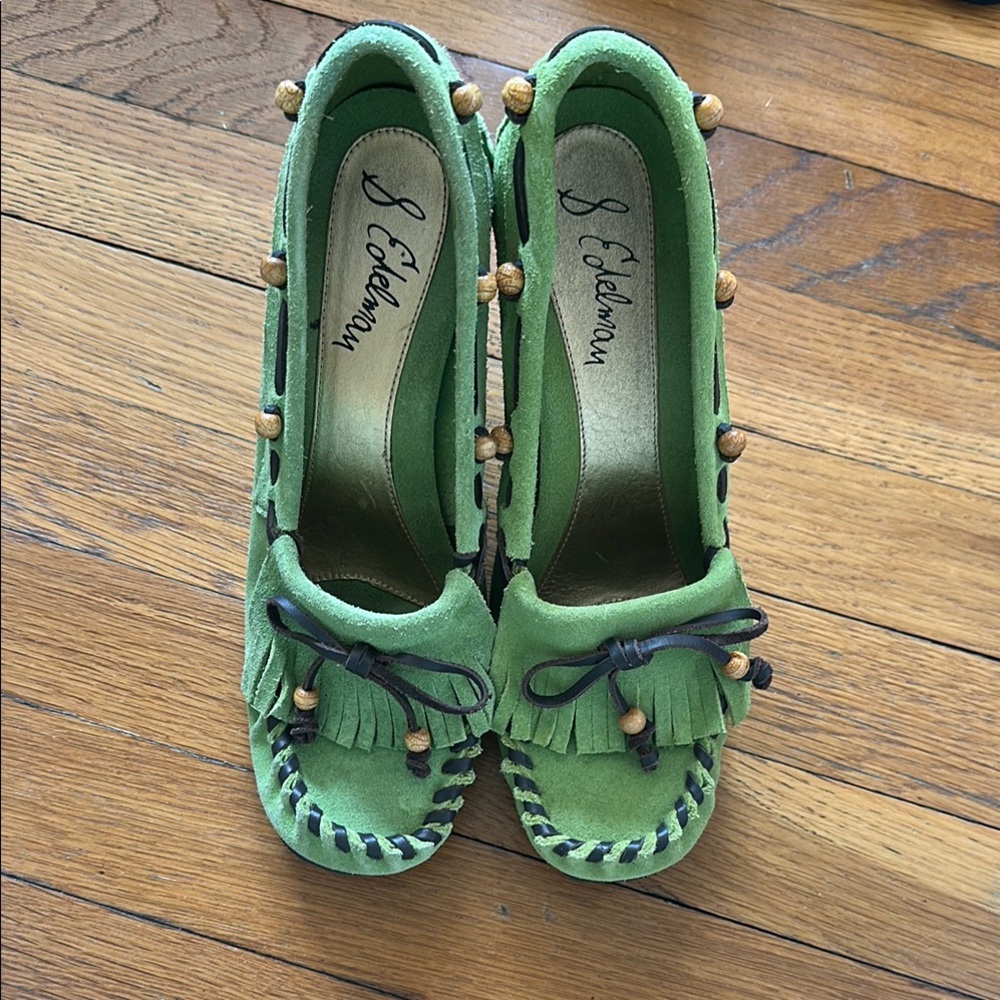 Sam Edelman Green Moccasin Wedges with Decorative Stitching